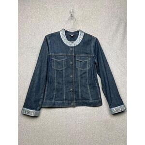 J Jill Denim Snap Front Jean Jacket Womens XS Blue Round Beaded Collar Cuffs